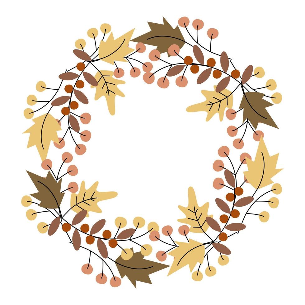 Round wreath, frame from autumn plants in trendy muted shades. Copyspace. Template for lettering vector
