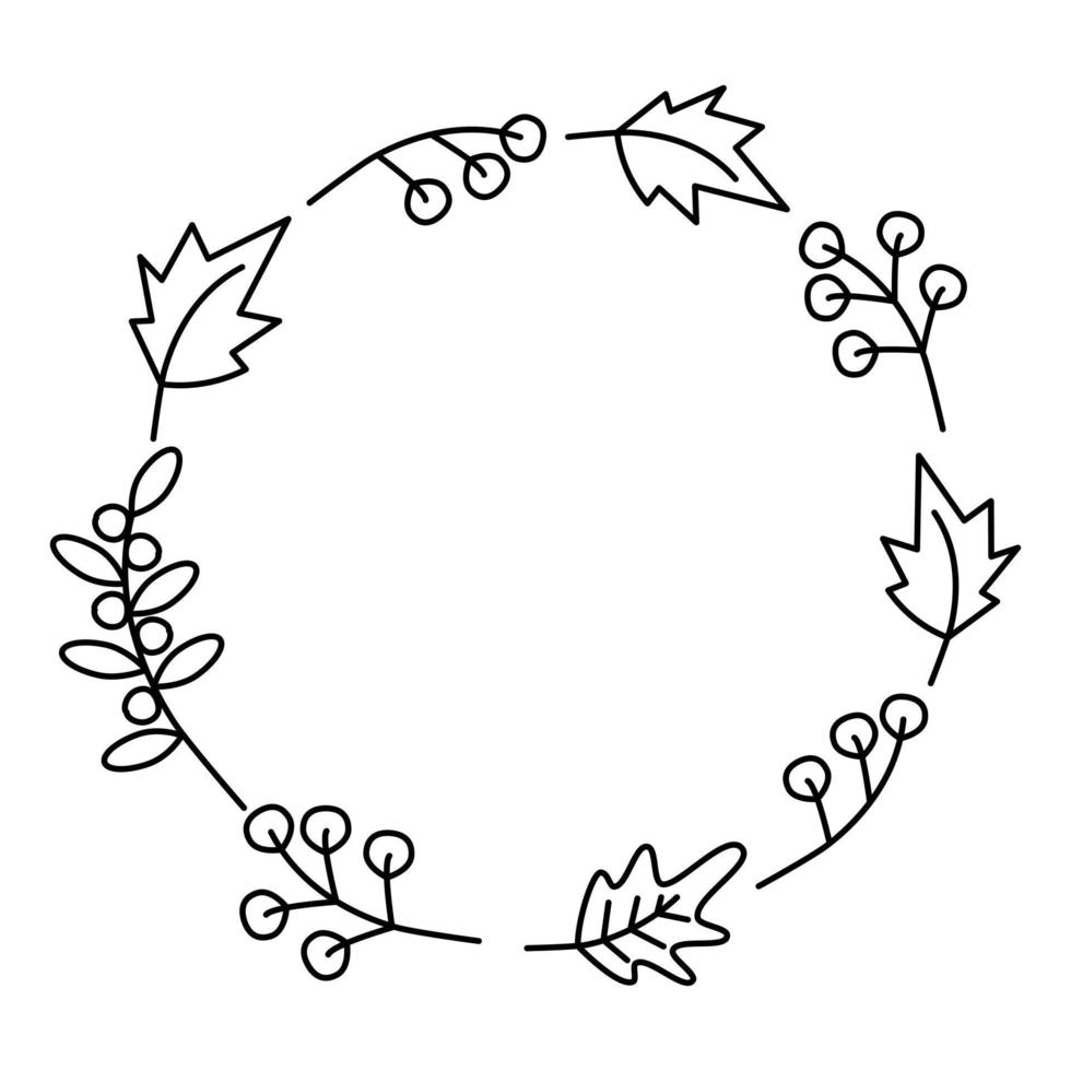 Outline Round frame from autumn plants in minimalist style. Copyspace. Template for lettering, card vector