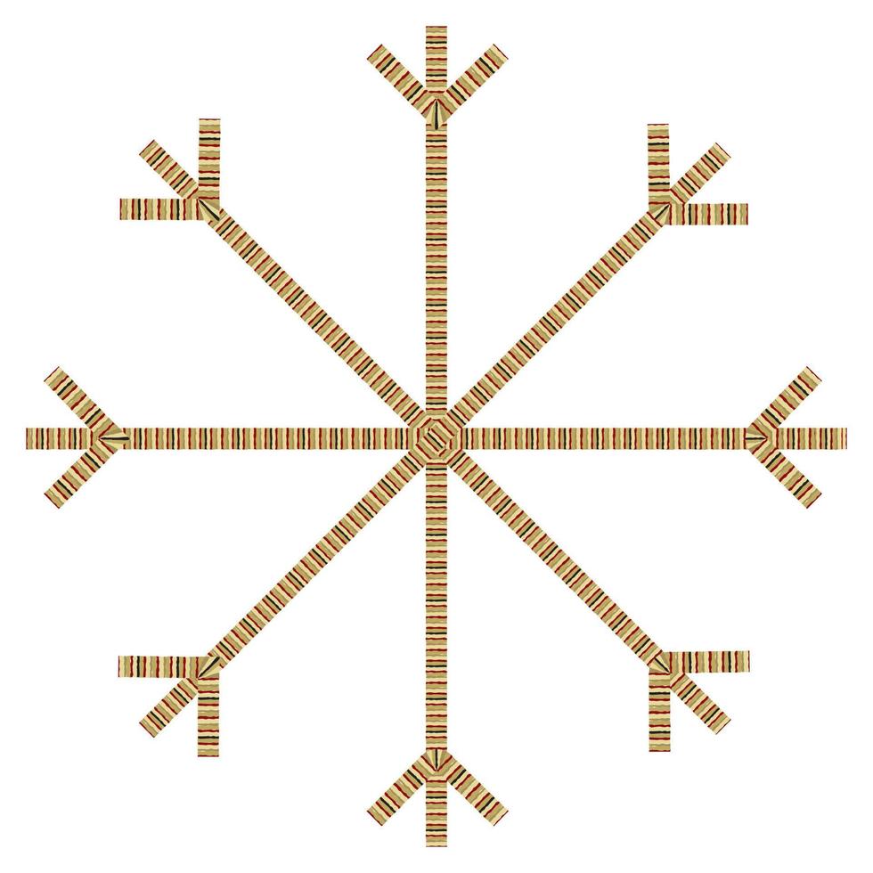 Abstract snowflake made by multicolored straight patterned lines in trendy shades. Icon. Isolate vector