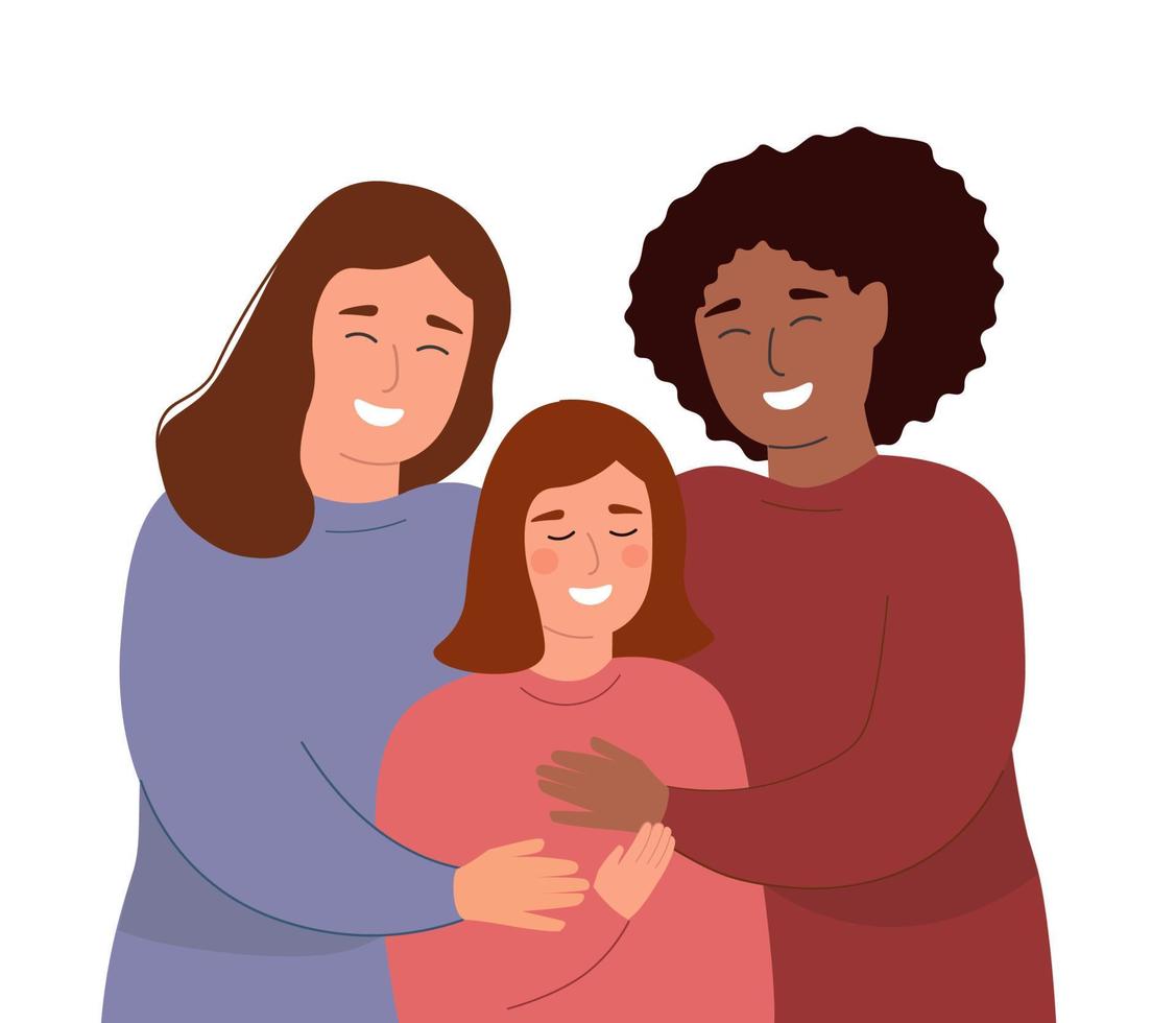 A group of happy cheerful women. Caring, love for the child. Vector graphics.