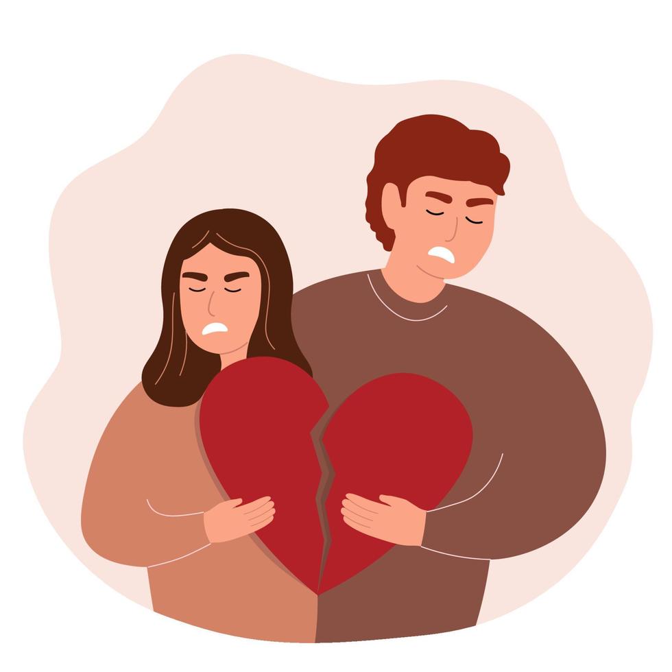 A couple in a quarrel keeps a broken heart. The concept of complex relationships, resentment. A man and a woman had a fight. Vector graphics.
