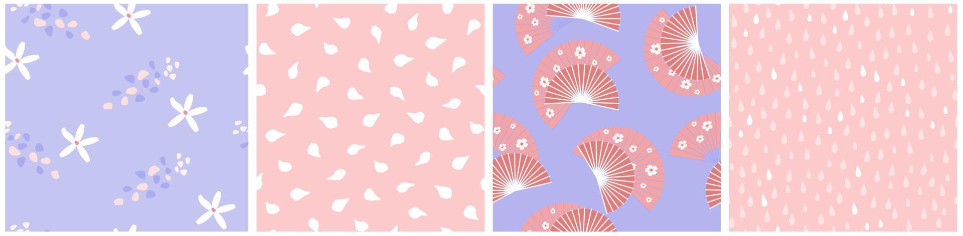 A set of seamless patterns with flowers, petals, abstract shapes. Print with a Japanese fan. Spring delicate natural ornament. Vector graphics.