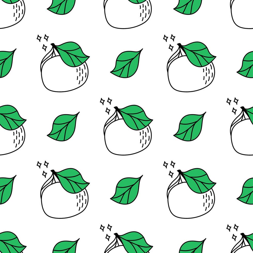 Doodle pattern with tangerines. Minimalistic Mandarin with a Green Leaf. Vector illustration drawn by hand