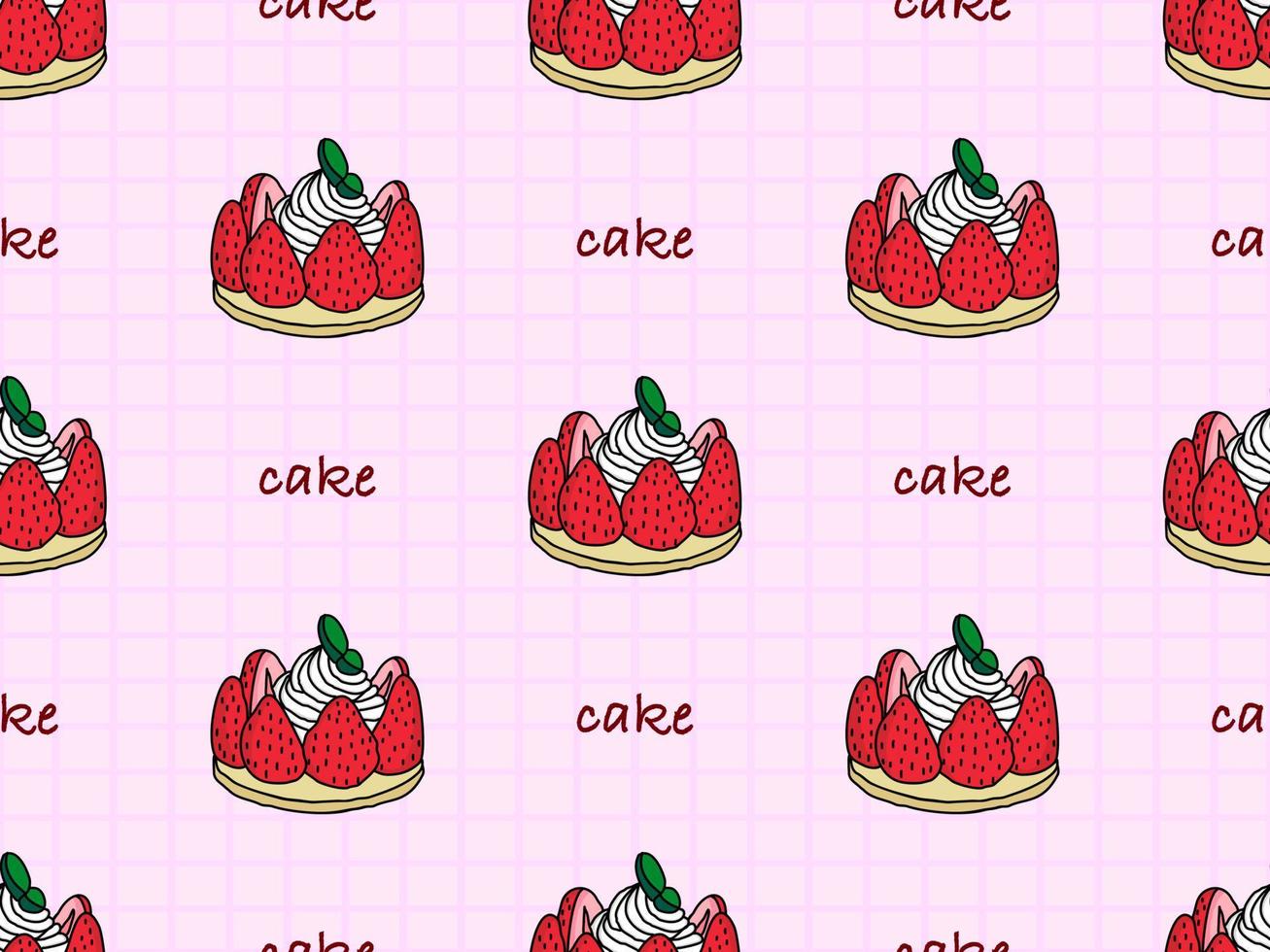 Strawberry cake cartoon character seamless pattern on pink background vector