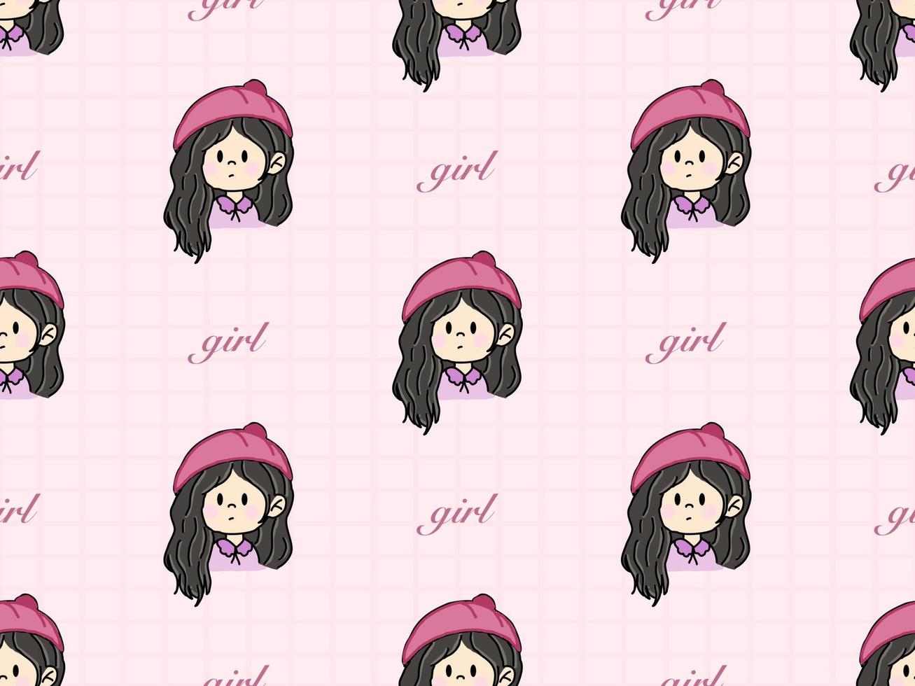 Girl cartoon character seamless pattern on pink background vector