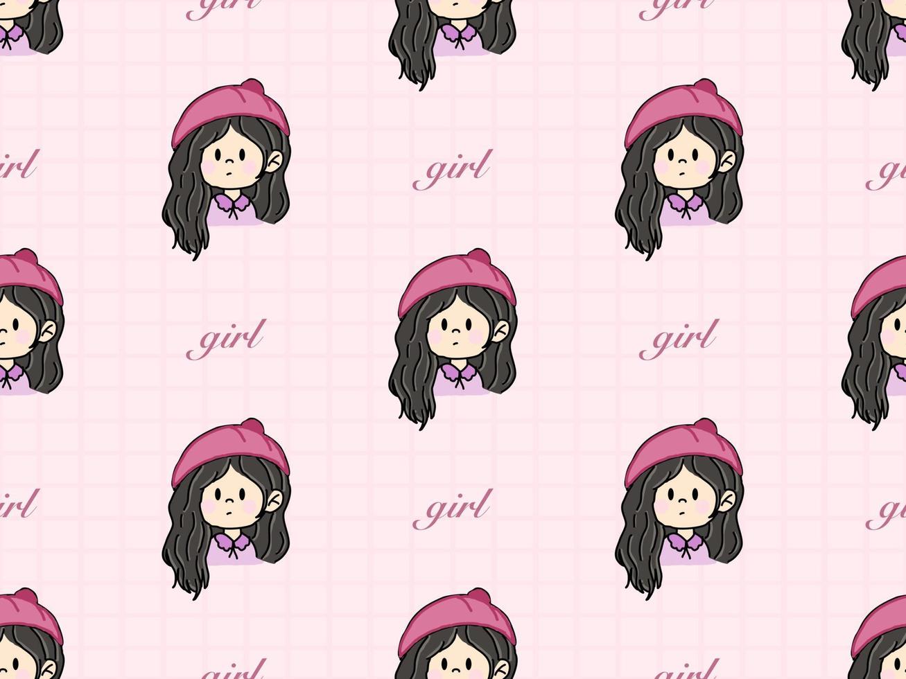 Girl cartoon character seamless pattern on pink background vector