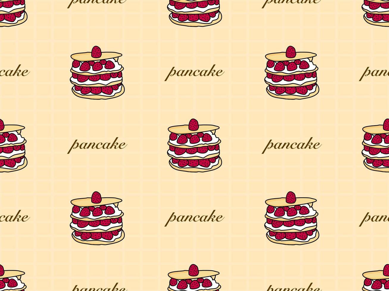 Strawberry pancake cartoon character seamless pattern on brown background vector