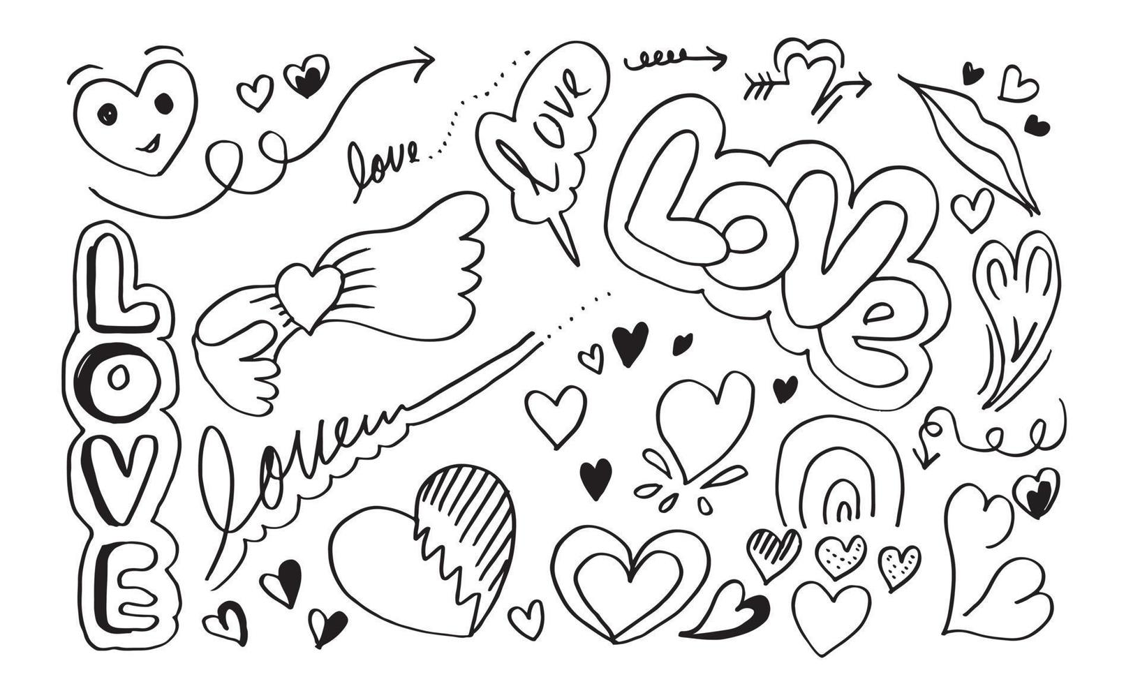 garabatos dibujados a mano para el día de san valentín. colección de hermosos corazones y escritos de amor. ilustración vectorial vector