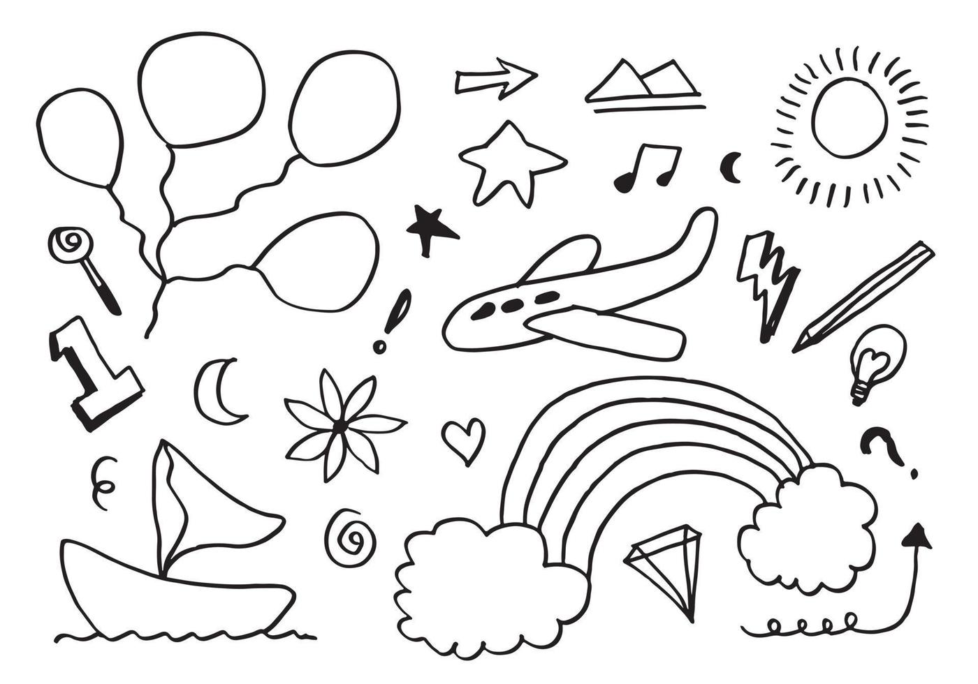 Hand drawn set of cute kids doodles.children drawings on white background. vector