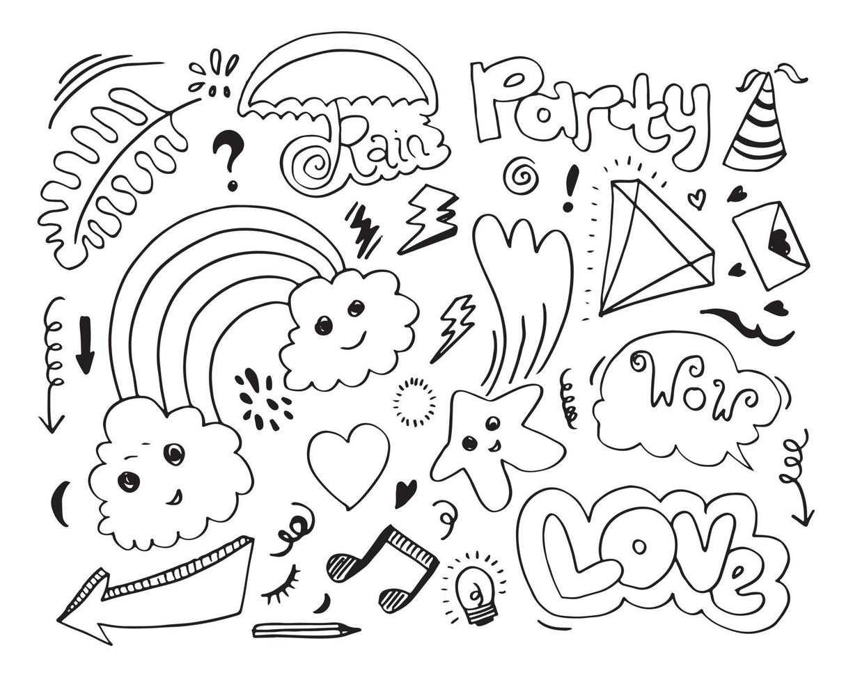 Hand drawn set elements, black on white background. clouds,Arrow, heart, love, star, leaf, bulb,rain, umbrella, emphasis ,swirl ,thunderbolt for concept design. vector