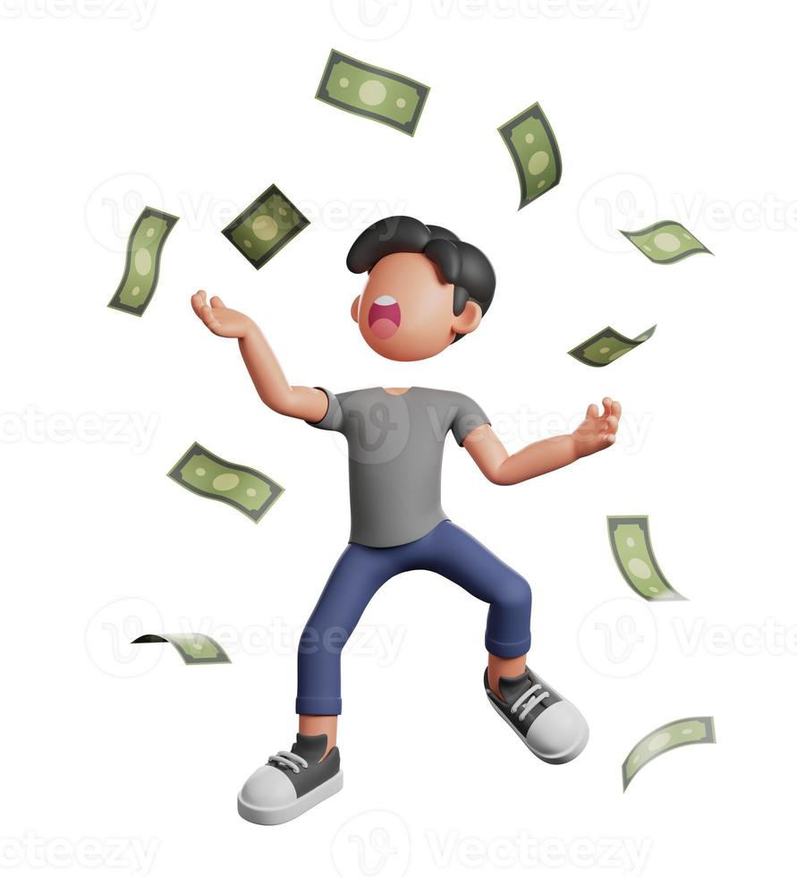 3d illustration of man happy with falling money photo