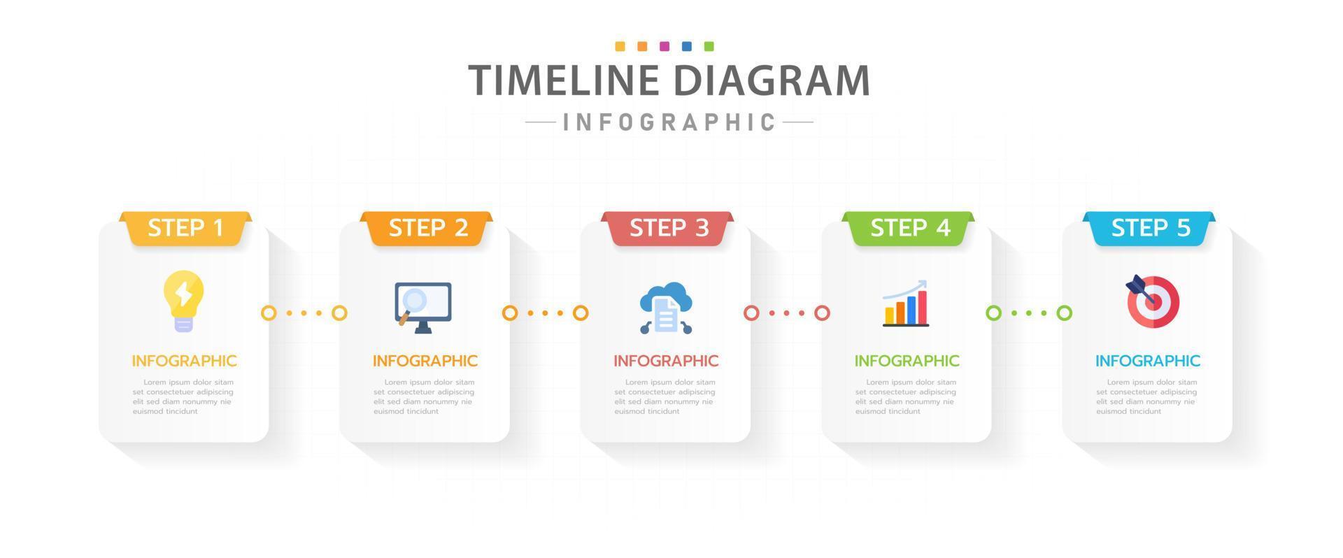 plantilla infográfica para negocios. Calendario de diagrama de línea de tiempo moderno de 5 pasos con título de rectángulo e icono, infografía de vector de presentación.