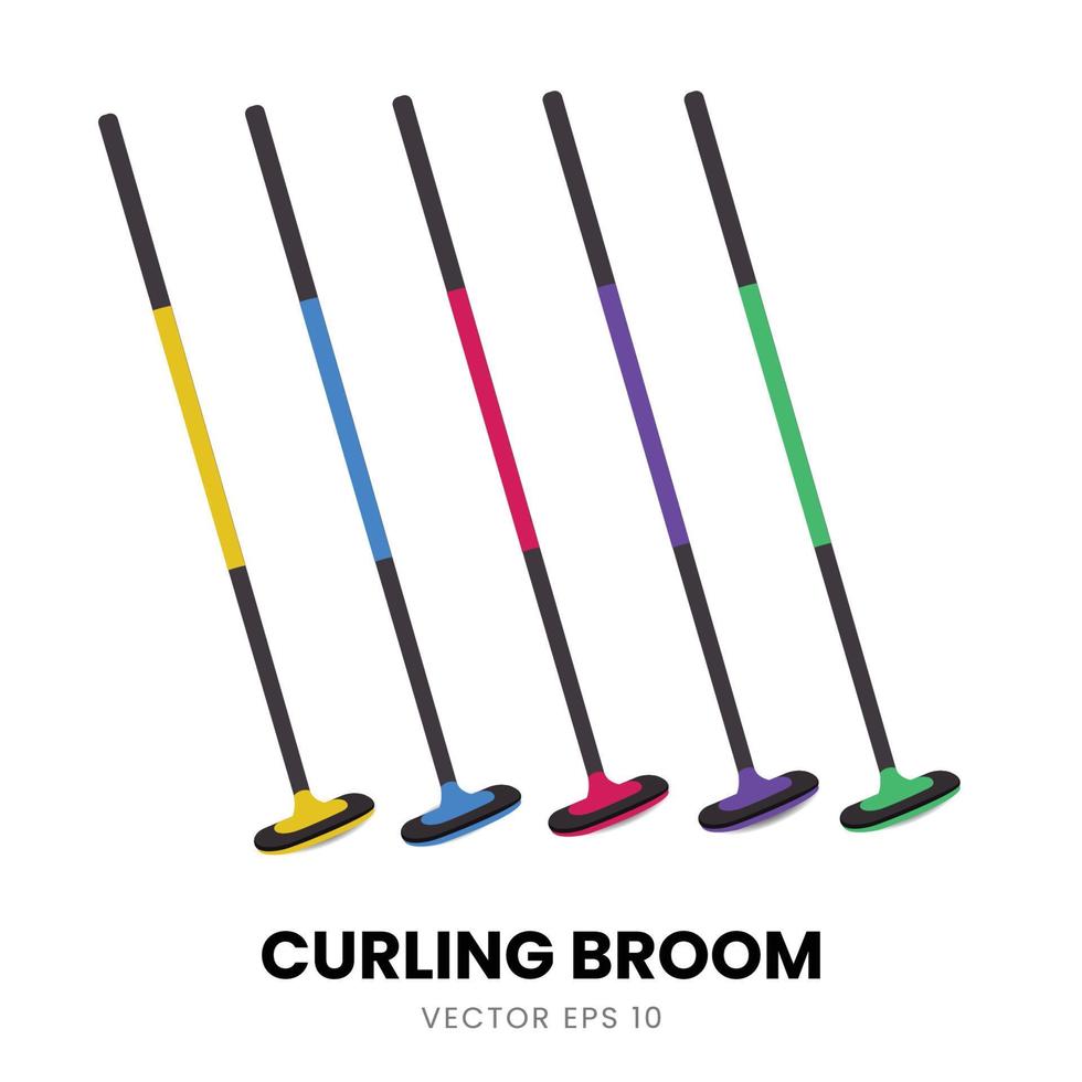 Broom Element Collection for Yellow, Blue, Red, Green, and Purple Color Curling Game. Sports Ice Rink, Flat Vector Icon Illustration.