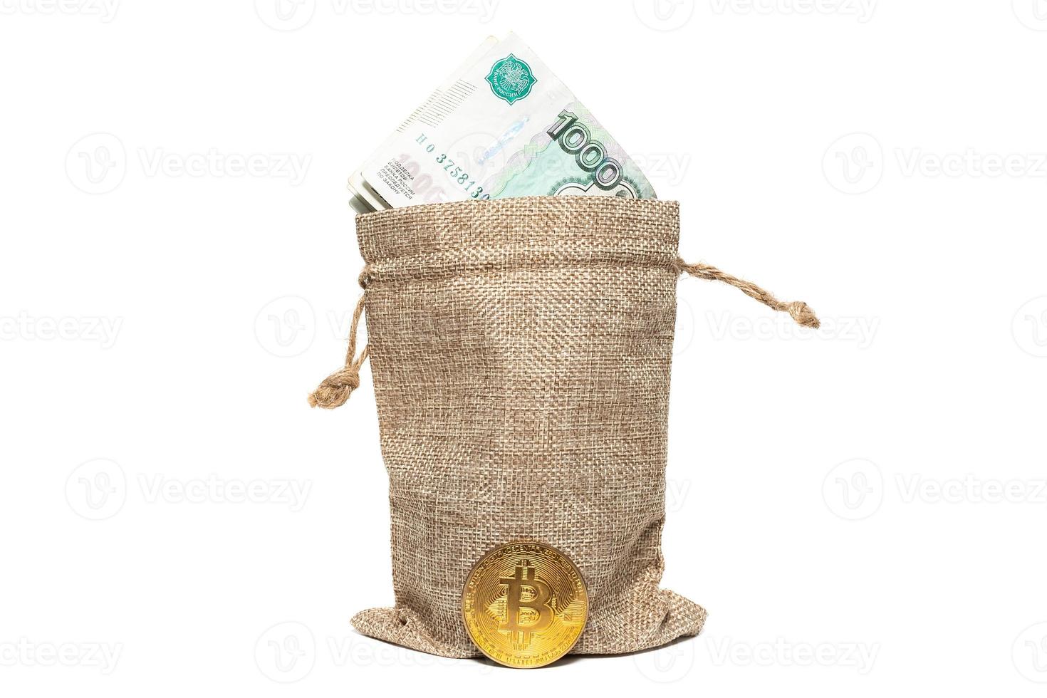 a bag of money and bitcoin isolated on a white background photo