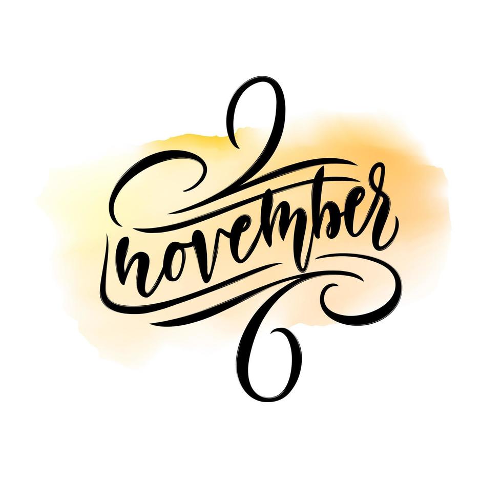 Handwritten calligraphy of autumn month NOVEMBER on an isolated watercolor background. Vector illustration with lettering. Letters drawn with brush. Calendar typography template. Hello November