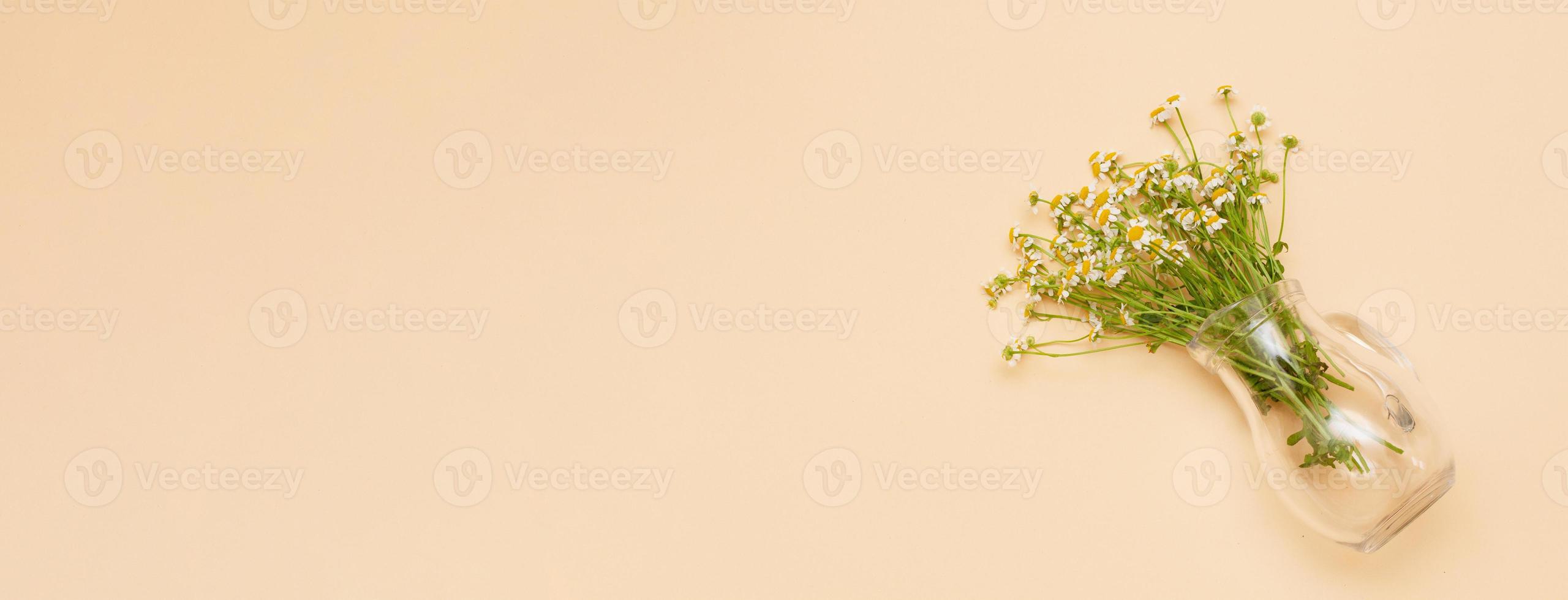 small chamomile flowers in a glass vase on photo