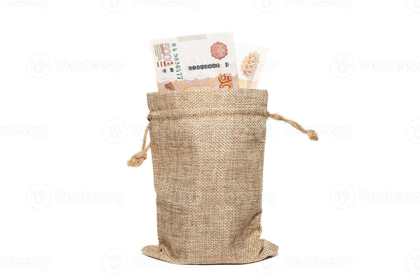 Russian money in a bag on a white background photo
