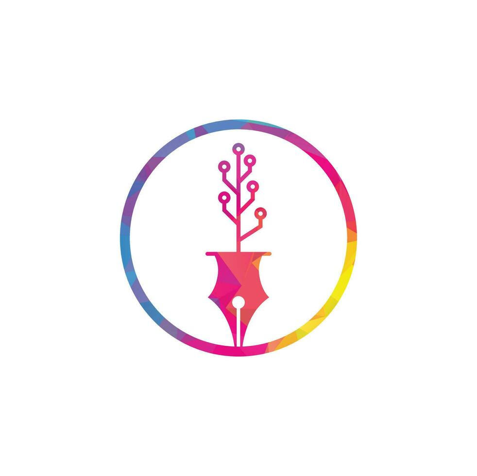 Tech Pen Logo. Tech pen with tech tree logo design template. vector