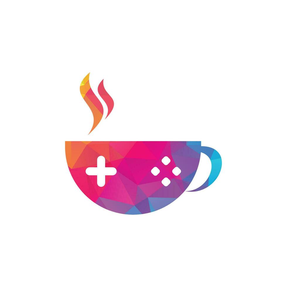 Game cafe logo. game button on coffee cup with typographic vector