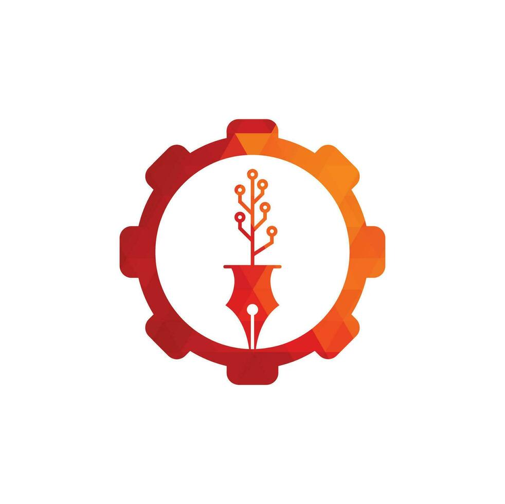 Tech Pen gear shape concept Logo. Tech pen with tech tree logo design template. vector