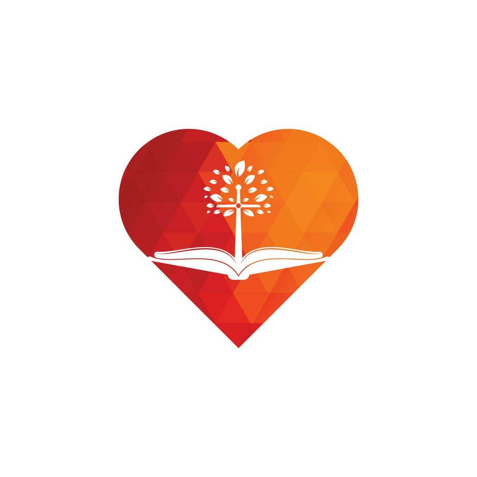 diseño del logotipo del concepto de forma de corazón del árbol de la iglesia bíblica. diseño del logotipo de la iglesia del árbol cruzado de la biblia vector