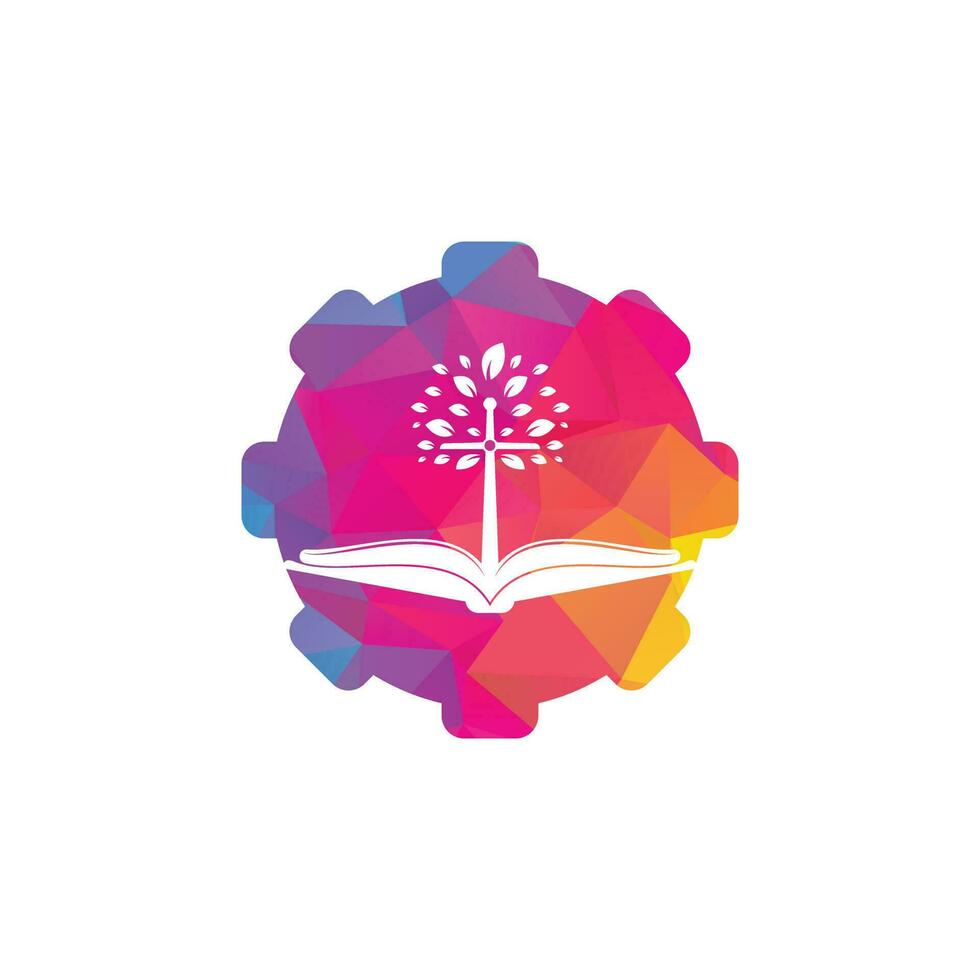 Diseño de logotipo de concepto de forma de engranaje de árbol de iglesia bíblica. diseño del logotipo de la iglesia del árbol cruzado de la biblia vector