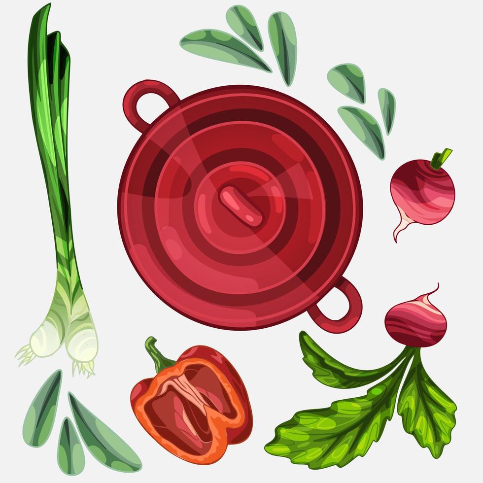 Red closed saucepan. Cooking ingredients are around. Radish, pepper, bay leaf and onion vector