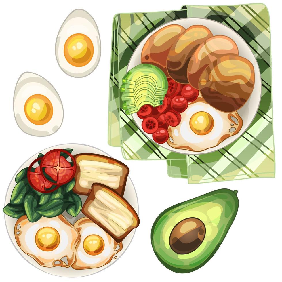 A set of healthy plates with eggs, toast with butter or pancakes, spinach, tomatoes and avocado. vector