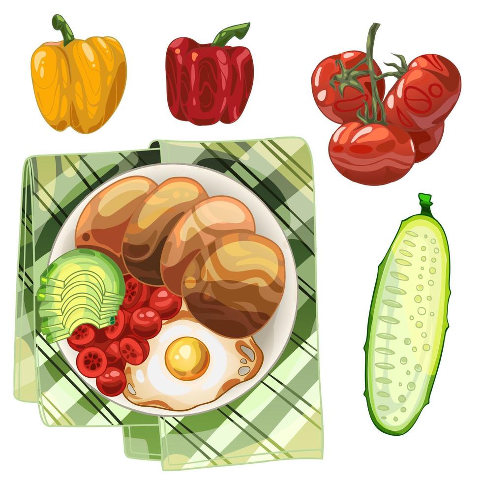 Healthy plate with egg, pancakes, avocado and cherry tomatoes. Ingredients cucumber, pepper and tomatoes vector