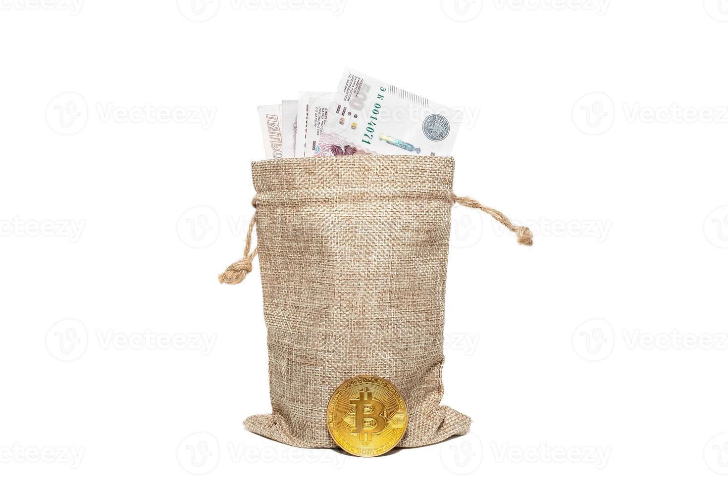 a bag of money and bitcoin isolated on a white background photo