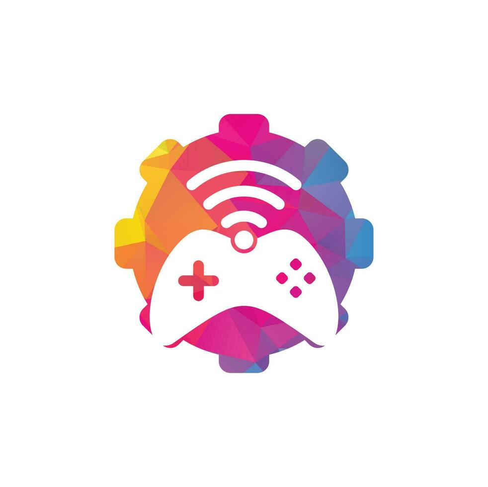 vector de plantilla de diseño de logotipo de concepto de forma de engranaje wifi de juego. combinación de joystick y logo wifi. gamepad y símbolo o icono de señal