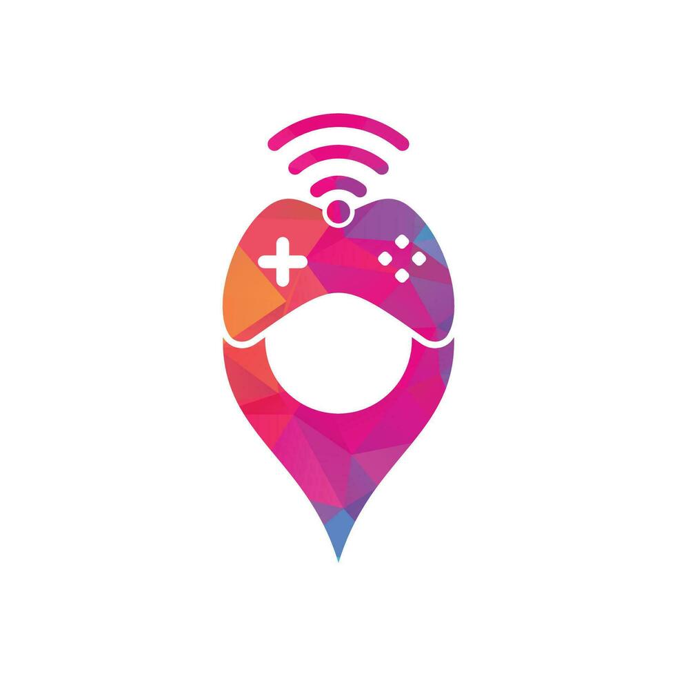 vector de plantilla de diseño de logotipo de concepto de forma de pin de mapa wifi de juego. combinación de joystick y logo wifi. gamepad y símbolo o icono de señal