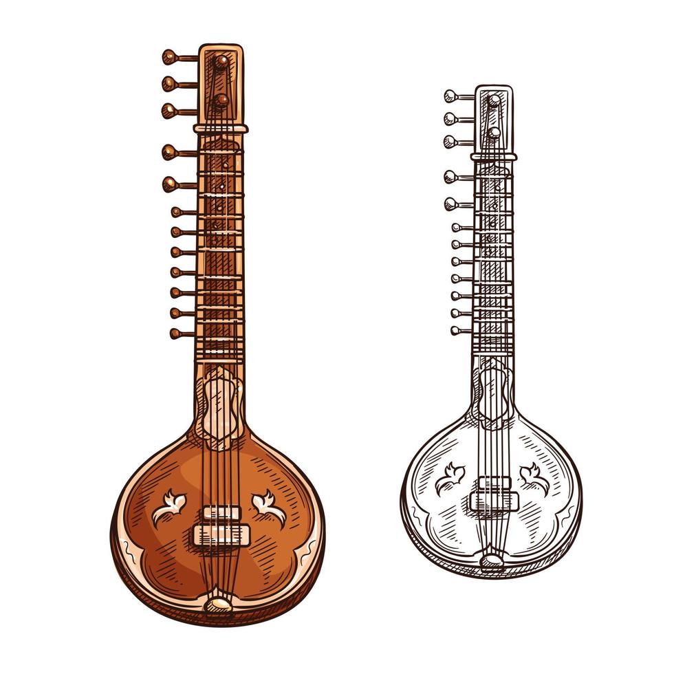 Vector sketch sitar musical insturment icon