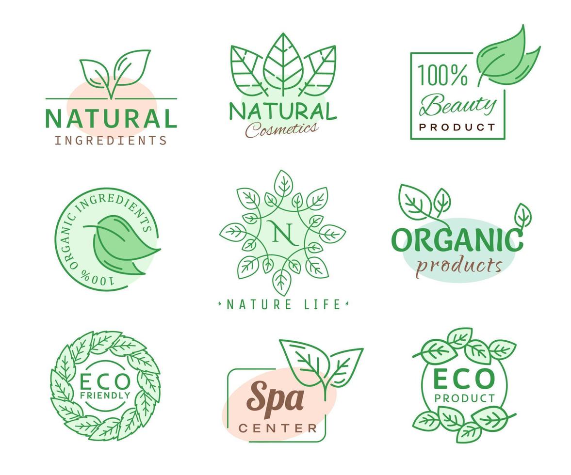 íconos de hojas verdes, cosméticos orgánicos, productos ecológicos vector