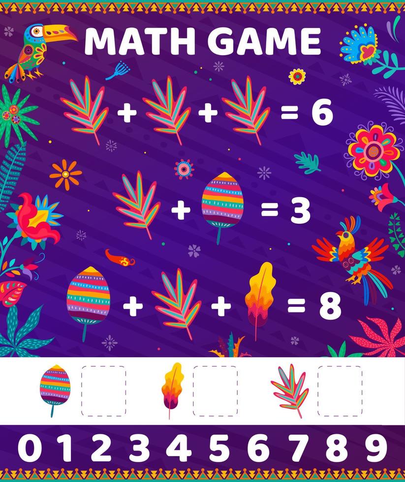 juego de matemáticas con tucanes de dibujos animados flores y plantas vector