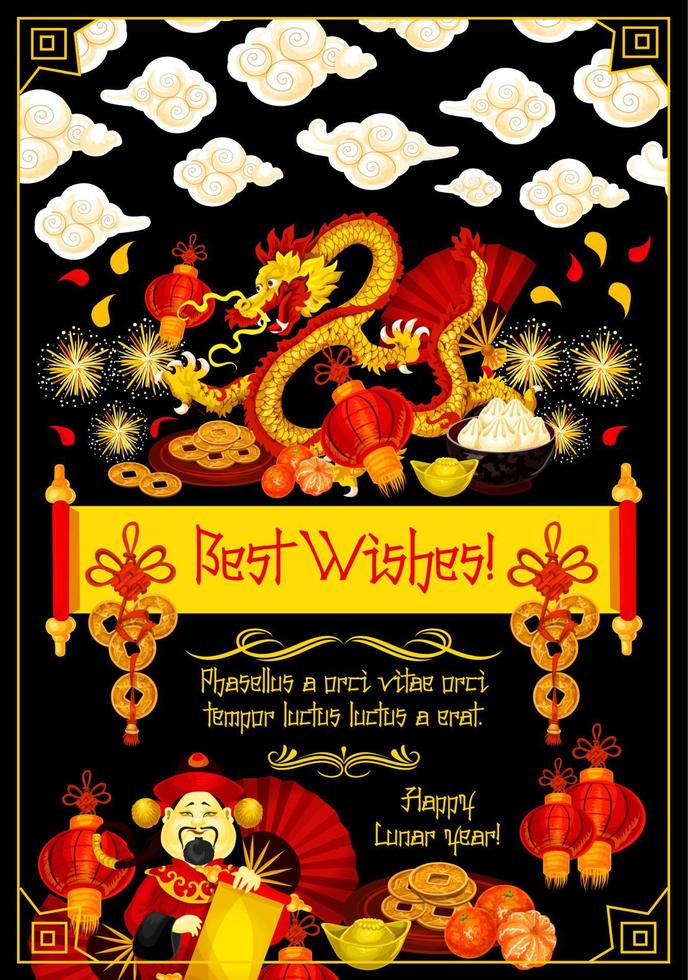 deseo de feliz año nuevo chino en pergamino con dragón vector