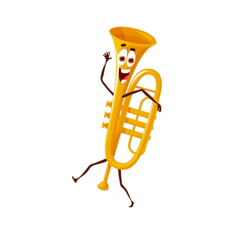 Cartoon dancing trumpet character, vector horn