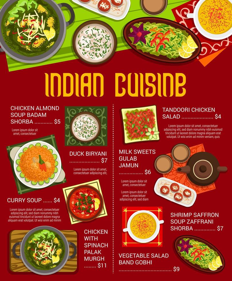 Indian cuisine meals menu, veggie meat spice food vector