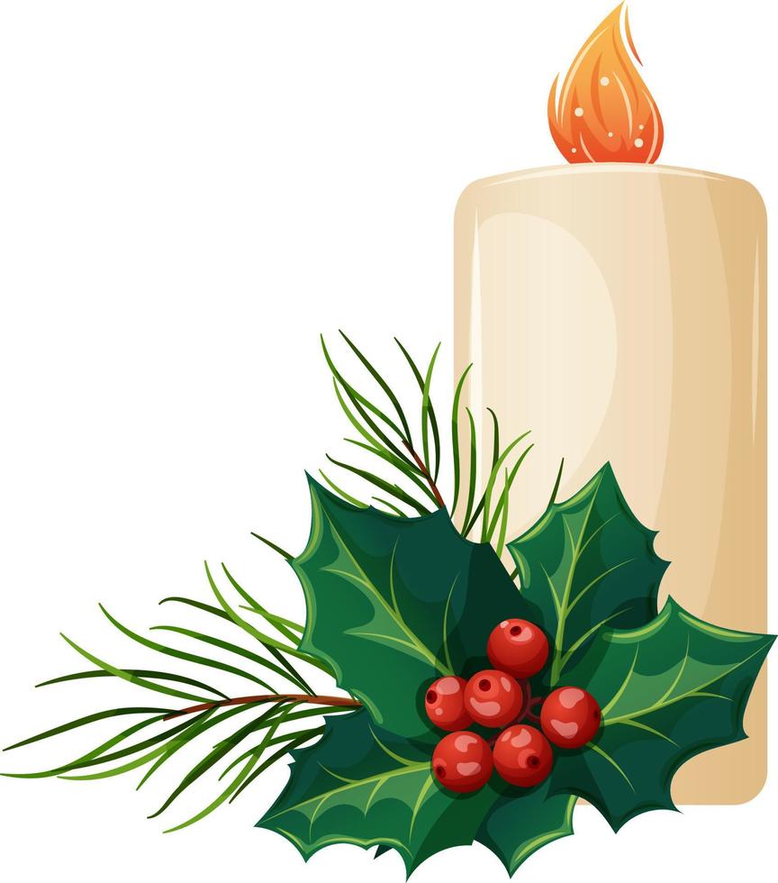 Christmas candle with holly and pine branches, burning candle in cartoon style vector