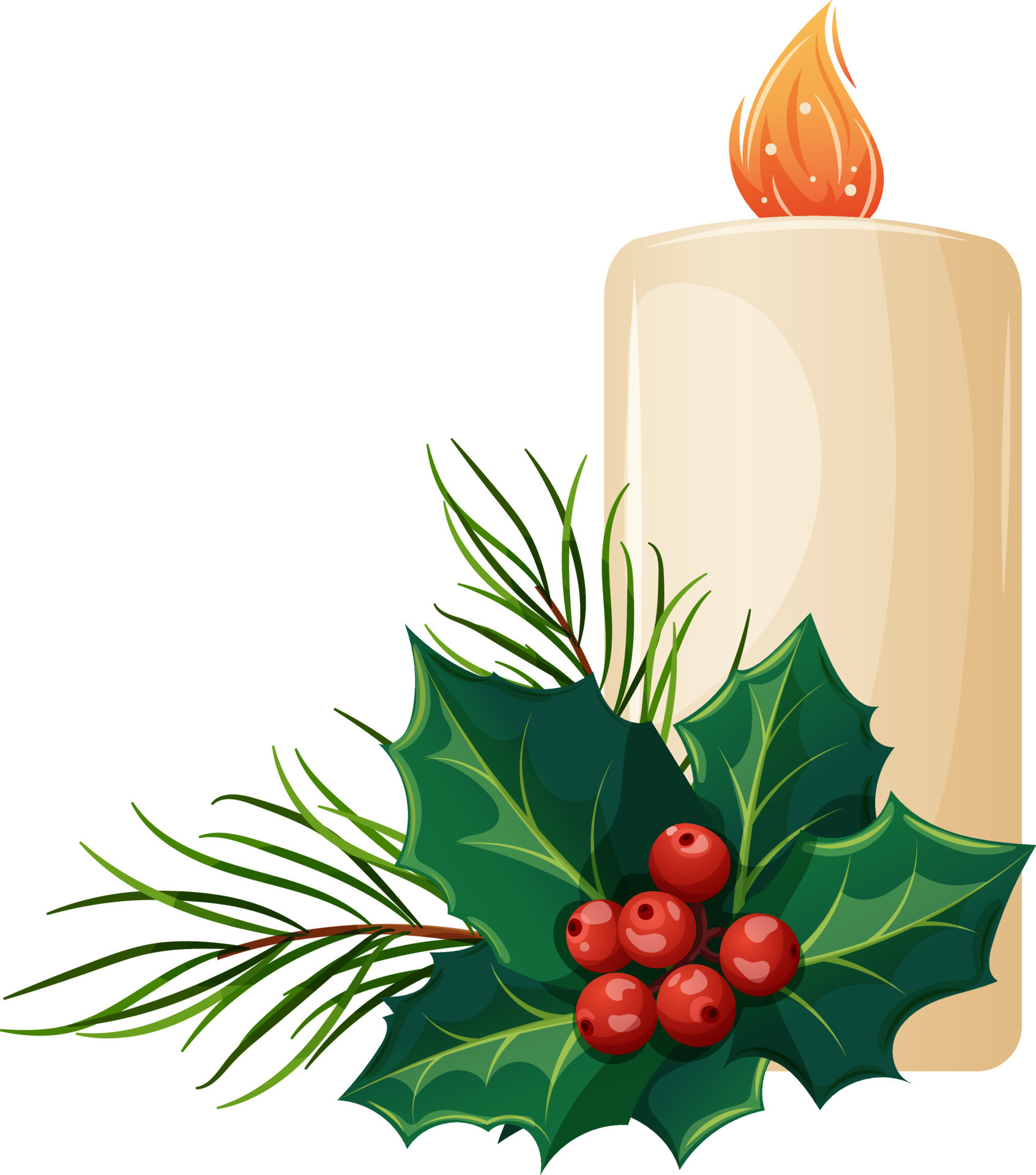 Christmas candle with holly and pine branches, burning candle in