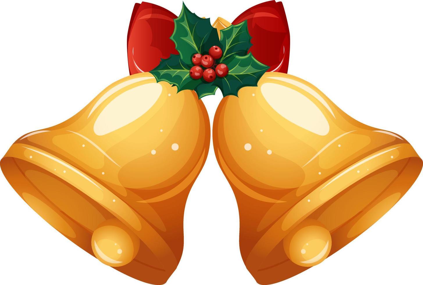 Two golden bells with a red bow and mistletoe, Christmas bells vector