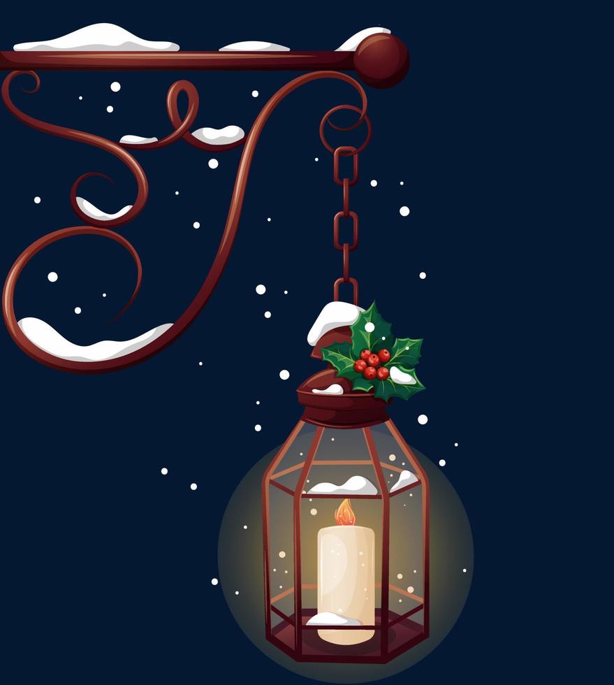 lámpara de calle vintage con velas y nieve, linterna de invierno en estilo de dibujos animados vector