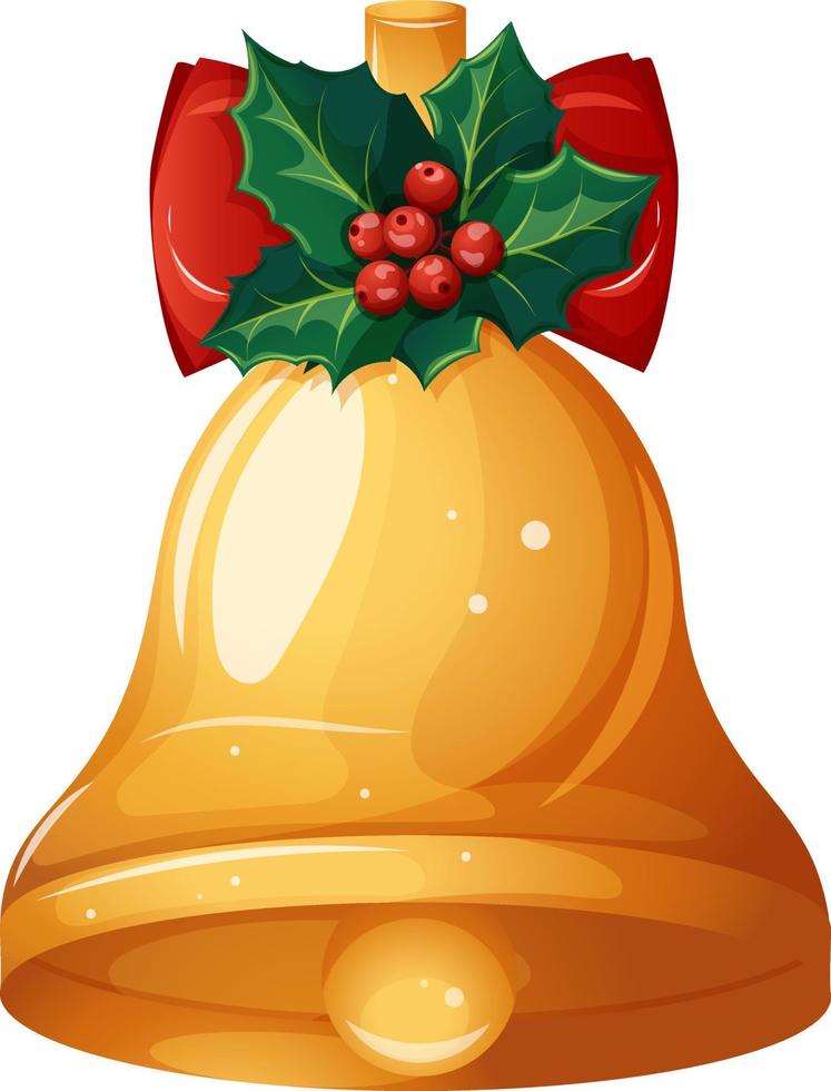 campana dorada con lazo rojo y muérdago, campana navideña al estilo de las caricaturas vector