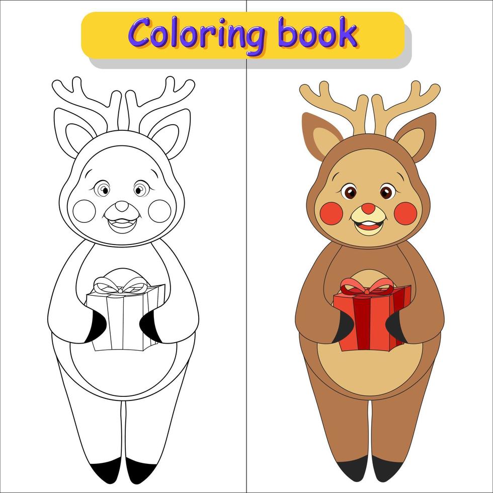 Cartoon Christmas baby deer with gift contour and in color for children's coloring books vector