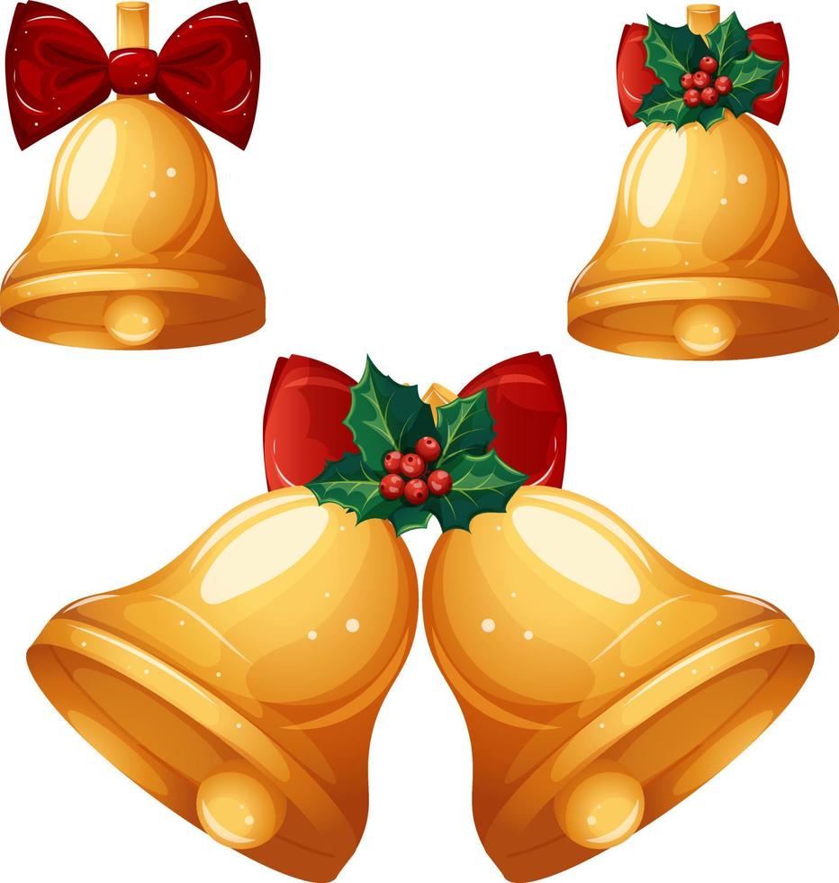 Set of golden Christmas bells with red bow and mistletoe vector