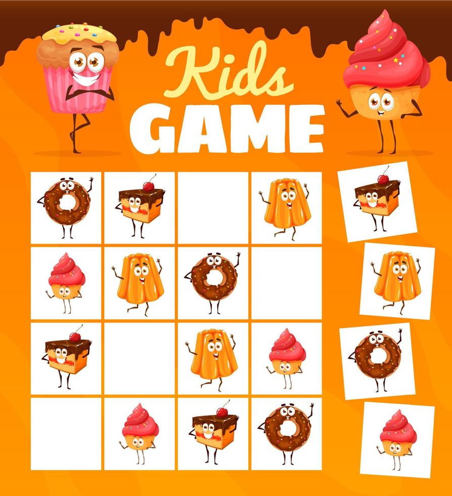 Sudoku kids game cartoon bakery dessert characters vector