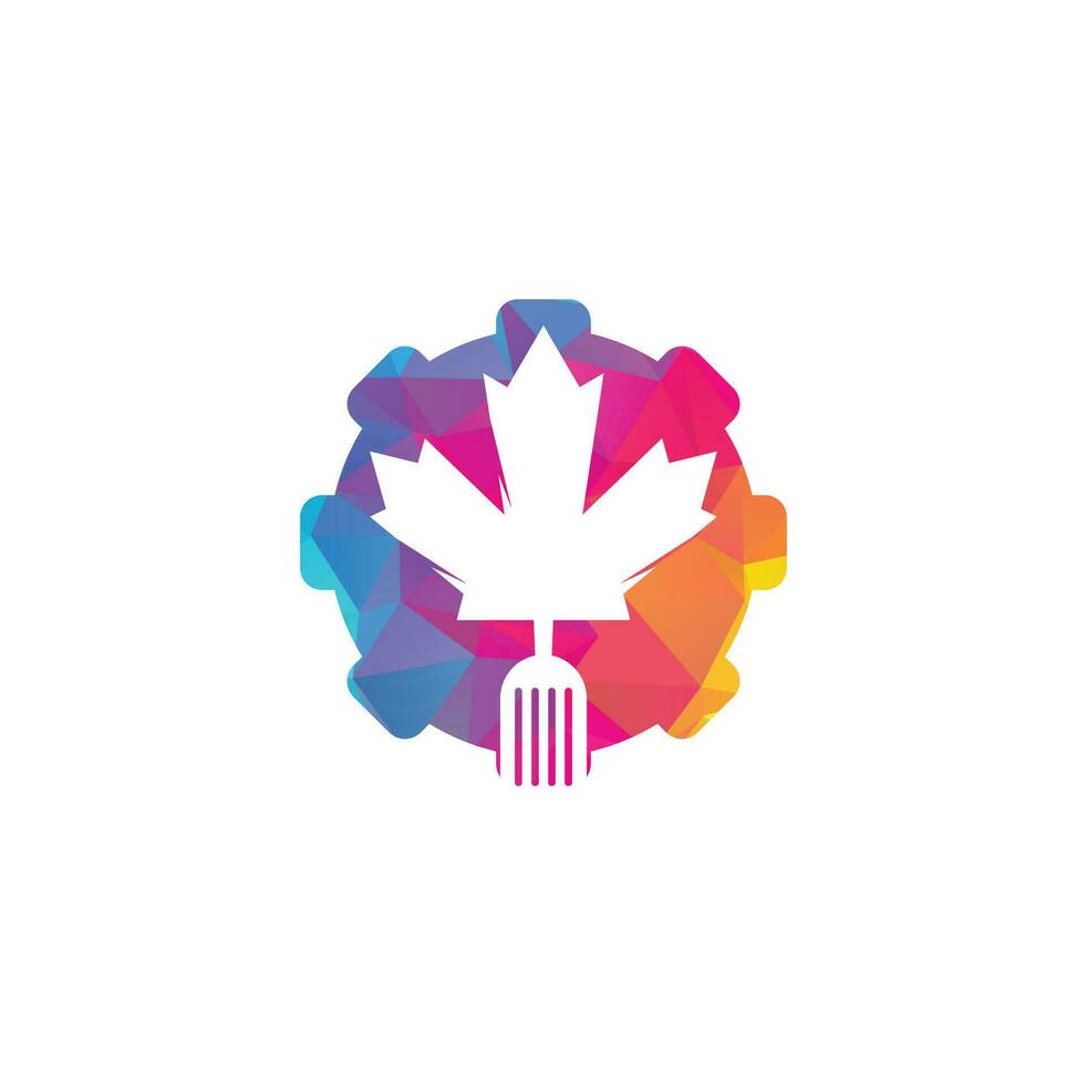 diseño de concepto de logotipo de concepto de forma de engranaje de comida canadiense. concepto de logotipo de restaurante de comida canadiense. icono de hoja y tenedor de arce vector