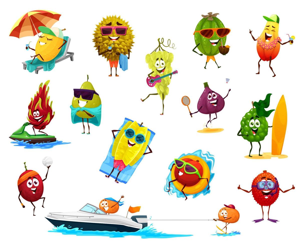 dibujos animados de frutas tropicales en vacaciones de verano en la playa vector