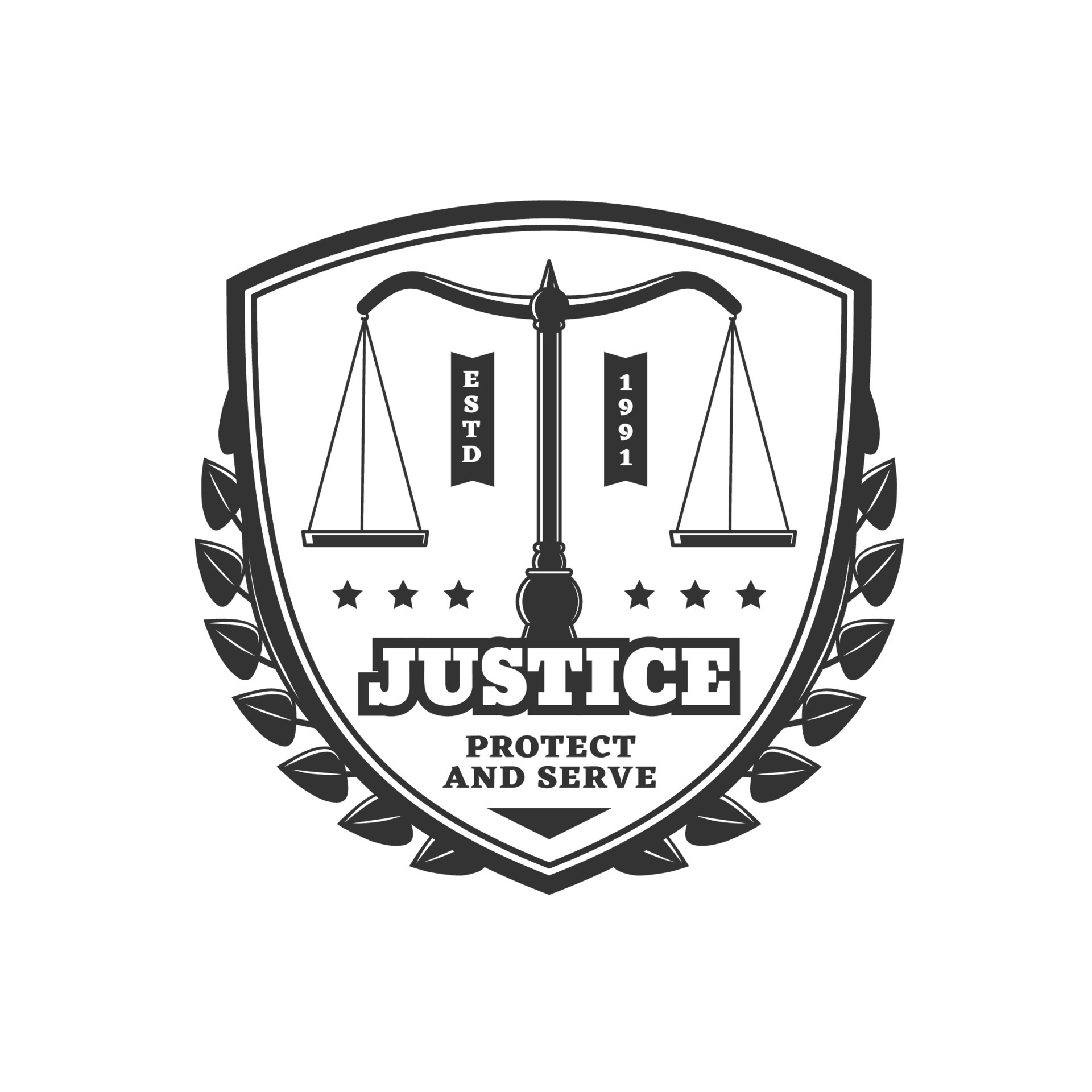 Justice icon, scales on heraldic shield, wreath 13411692 Vector Art at ...