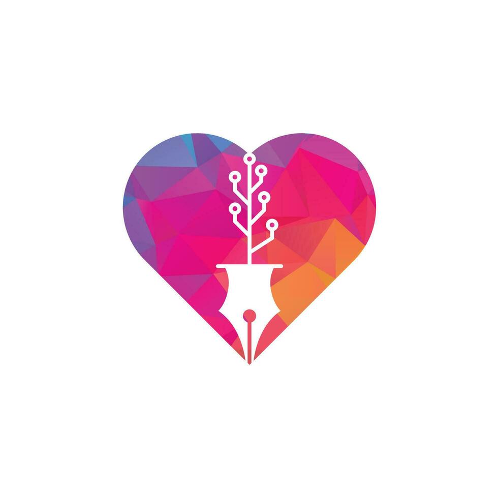 diseño de logotipo de concepto de forma de corazón de pluma de tecnología. bolígrafo tecnológico con plantilla de diseño de logotipo de árbol tecnológico. vector